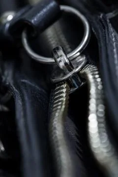 Zipper of Bag Close-up, Selective Focus Foto stock