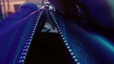 Zipper Closing on a Dark Leather Jacket Held by a Woman 库存影片 331099033