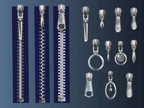 Zipper fasteners and pullers realistic vectors set Illustrazione stock