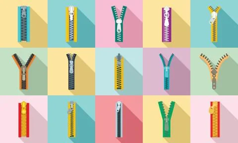 Zipper icon set, flat style Stock Illustration