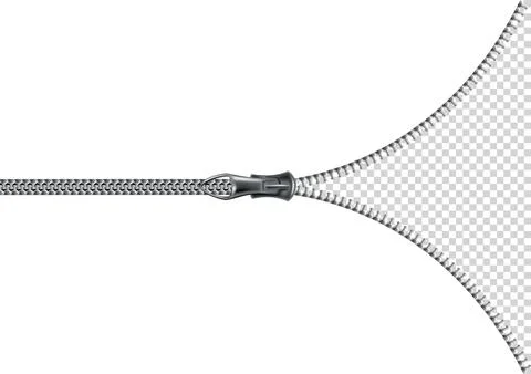 Zipper open background. Half opened flat isolated metalic zipper on transparent Stock Illustration