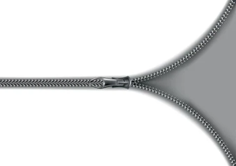 Zipper open background. Half opened flat isolated metalic zipper on gray Stock Illustration