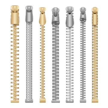 Zipper Realistic Vector. Clothes Zippers Set. Isolated Illustration Stock Illustration