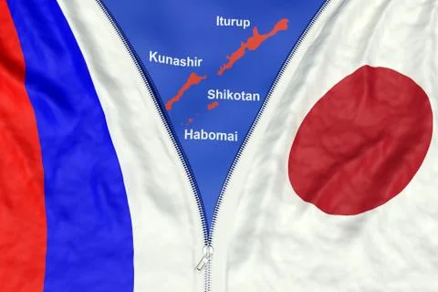 Zipper separates flags of Japan and Russia to reveal the disputed Kuril islands Stock Illustration