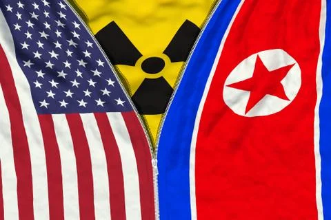 Zipper separates or connects US and North Korean flags with radiation symbol Stock Illustration