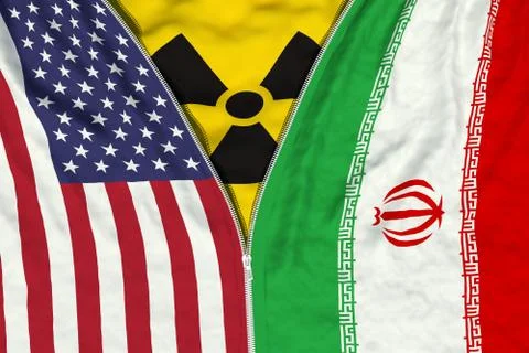 Zipper separates or connects US and Iranian flags with radiation symbol Stock Illustration