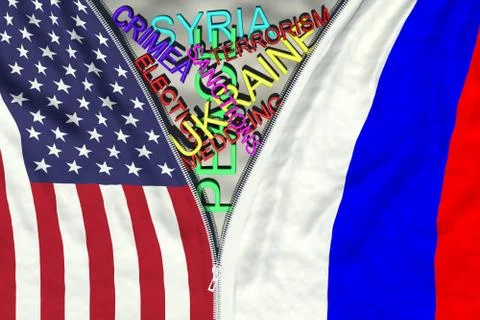 Zipper separates or connects US and Russian flags Stock Illustration