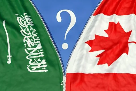 Zipper separates Saudi Arabian and Canadian flags to revael a big question mark Stock Illustration