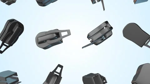 Zipper Sliders Falling on a Light Blue Background. Metal Zippers 3D Animation. Vidéo 301207261