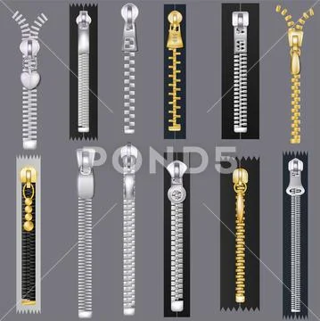 Zipper vector zip slide-fastener for clothing and closed metal fastener lock Stock Illustration