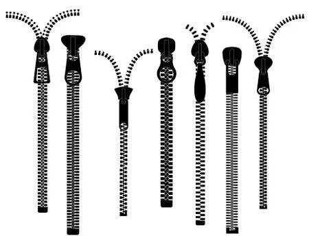 Zippers. Closed open zip pulls. Zipper, metal silver fastener. Unzip textile Stock Illustration