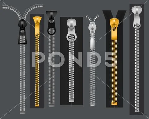Zippers. Metal fastener zipper, fabric accessories connection. Fashion clothes Stock Illustration