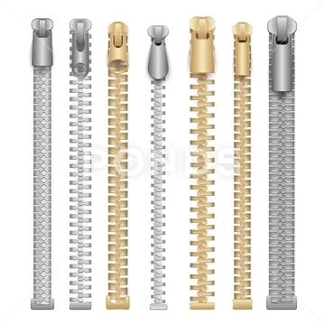 Zippers Realistic Vector. Fabric. Fashion Fastener. Stock Illustration