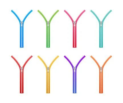 Zippers type set fastener. Metallic closed and open zippers and pullers. Vect Stock Illustration