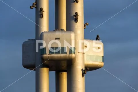 Zizkov television tower transmitter detail during sunset, Prague, Czech Republic Stock Photos