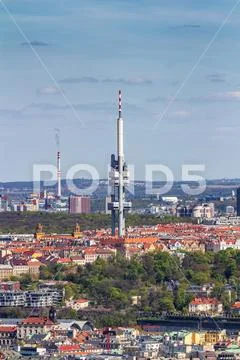 Zizkov television tower (Zizkovska vez) in Prague, Czech Republic. Stock Photos