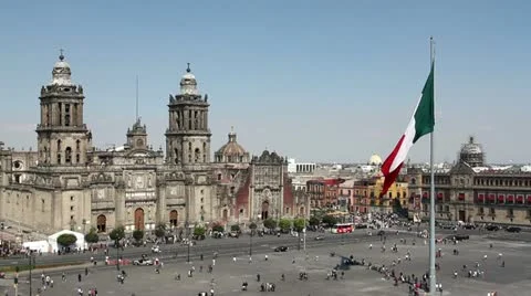 Zocalo flag mexico city cathedral Stock Footage