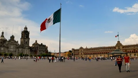 Zocalo of Mexico City at sunny day with blue and cloudy sky Stock Footage