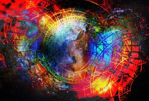 Zodiac collage in cosmic space. Abstract color background. Stock Illustration