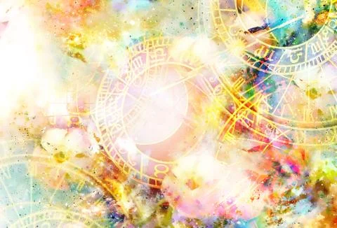 Zodiac collage in cosmic space. Abstract color background. Stock Illustration