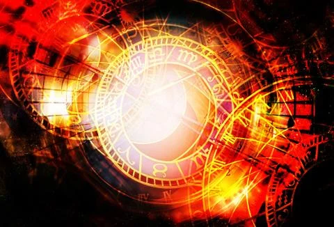 Zodiac collage in cosmic space. Abstract color background. Time concept. Stock Illustration