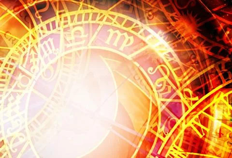 Zodiac collage in cosmic space. Abstract color background. Stock Illustration
