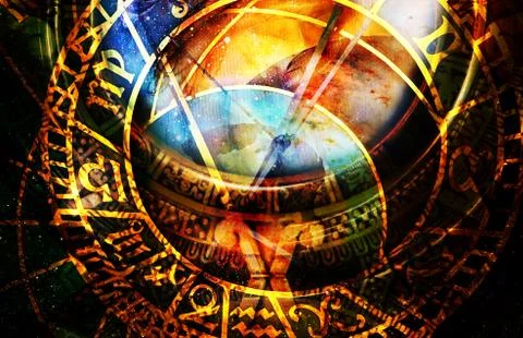 Zodiac collage in cosmic space. Abstract color background. Stock Illustration