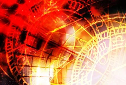 Zodiac collage in cosmic space. Abstract color background. Stock Illustration