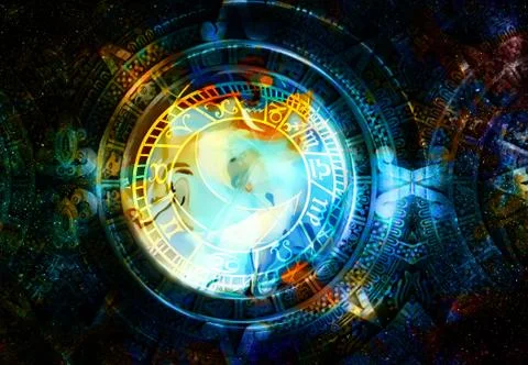 Zodiac collage in cosmic space. Abstract color background. Stock Illustration