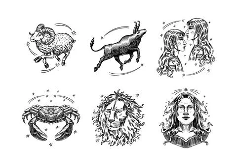 Zodiac constellation signs. Astrological symbols. Illustrations of horoscope Stock Illustration