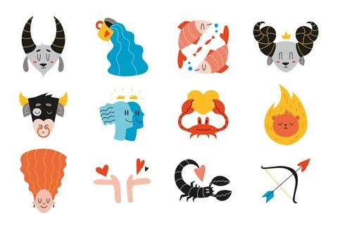 Zodiac signs. Bundle of vector illustration, astrological theme set isolate.. Stock Illustration