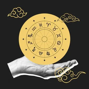 Zodiac signs displayed on a circular chart held by a hand with clouds in the Stock Photos