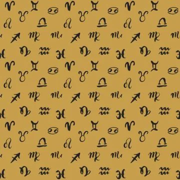 Zodiac signs seamless pattern. Hand drawn horoscope astrology symbols, grunge Stock Illustration