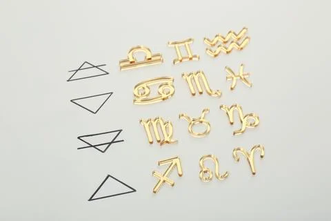 Zodiac triplicity. Four elements and corresponding signs on grey background.. 스톡 사진