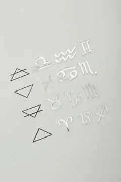Zodiac triplicity. Four elements and corresponding signs on grey background.. 스톡 사진