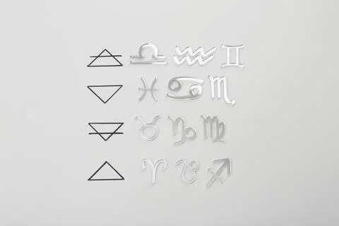 Zodiac triplicity. Four elements and corresponding signs on grey background.. 스톡 사진
