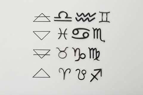 Zodiac triplicity. Four elements and corresponding signs on grey background.. 스톡 사진