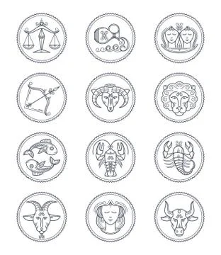 Zodiac vector astrology vector line icons. Aries and taurus, gemini and cancer Stock Illustration