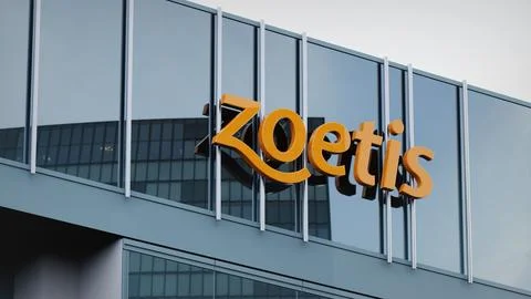 Zoetis Stock data presented on the logo of the office facade editorial Stock Photos
