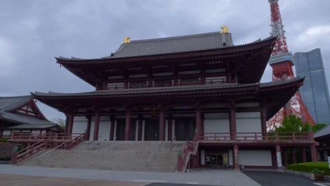 Zojoji Temple With Tokyo Tower In The Background In Minato, Tokyo, Japan. - Stock Footage 337669804