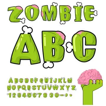 Zombie ABC. Bones and brains. horror monstr font. Living dead alphabet. Green Illustrazione stock