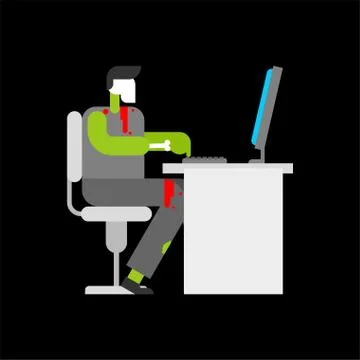 Zombie and computer working. Boy green dead and PC. 스톡 일러스트