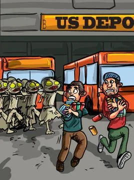 Zombie attack at bus depot Stock Illustration