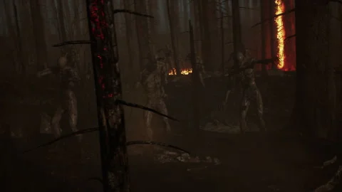 Zombie attack in a terrifying fierce battle in the burning forest 01 Stock Footage 232302347