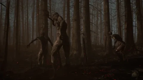 Zombie attack in a terrifying fierce battle in the burning forest 05 Stock Footage 232307312