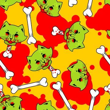 Zombie Cat Head pattern seamless. Dead Cat Head With Bone background. Moder.. Stock Illustration