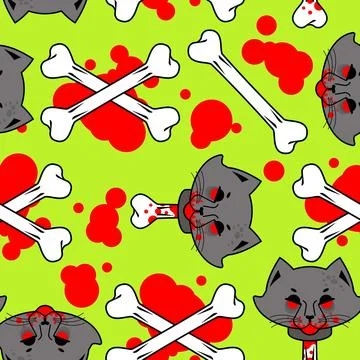 Zombie Cat Head pattern seamless. Dead Cat Head With Bone background. Moder.. 스톡 일러스트