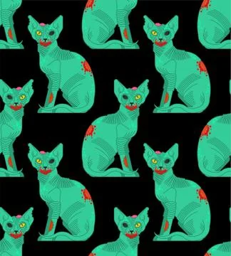 Zombie cat pattern seamless. Pet green monster background. vector texture 스톡 일러스트