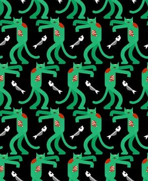 Zombie cat pattern seamless. Zombi pet background. Vector texture Stock Illustration