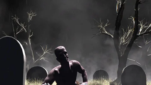 ZOMBIE CRAWLING IN CEMETERY, IMAGE WITH RAIN AND DISTORTION Stock Footage 119910125